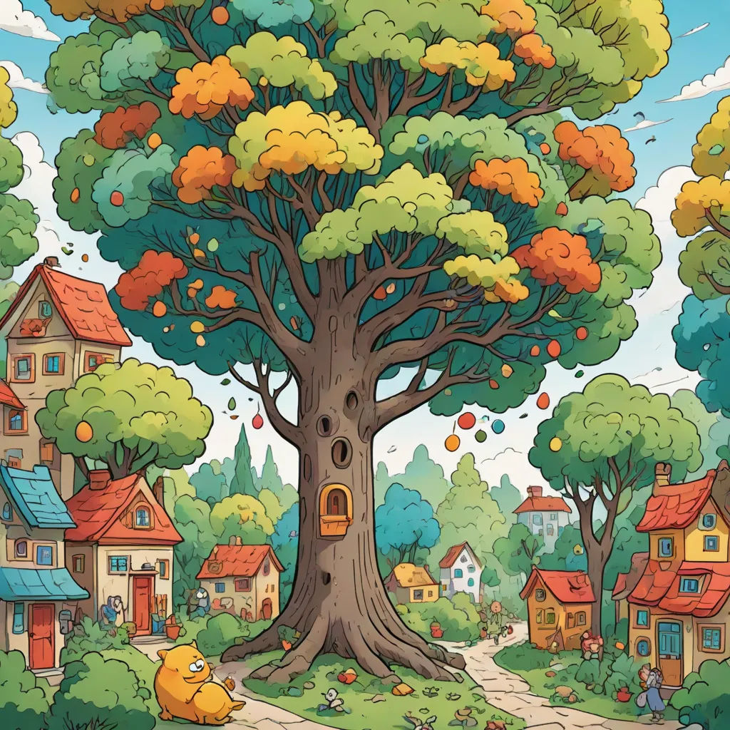 a cartoon of a tree with a house in the background and a cat sitting under it on a path, a storybook illustration, Chris LaBrooy, fantasy art, official art