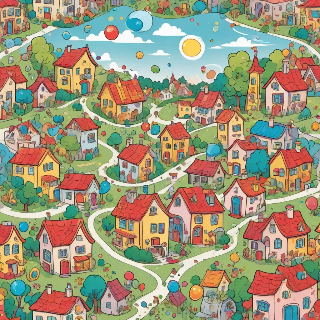 a cartoon town with lots of houses and a lake in the background with balloons floating in the sky above, a storybook illustration, Chris LaBrooy, toyism, detailed illustration