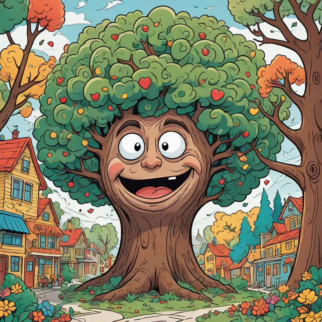 a cartoon tree with a face and a house in the background with a road and trees in the foreground, a storybook illustration, Chris LaBrooy, underground comix, josan gonzales and dan mumford