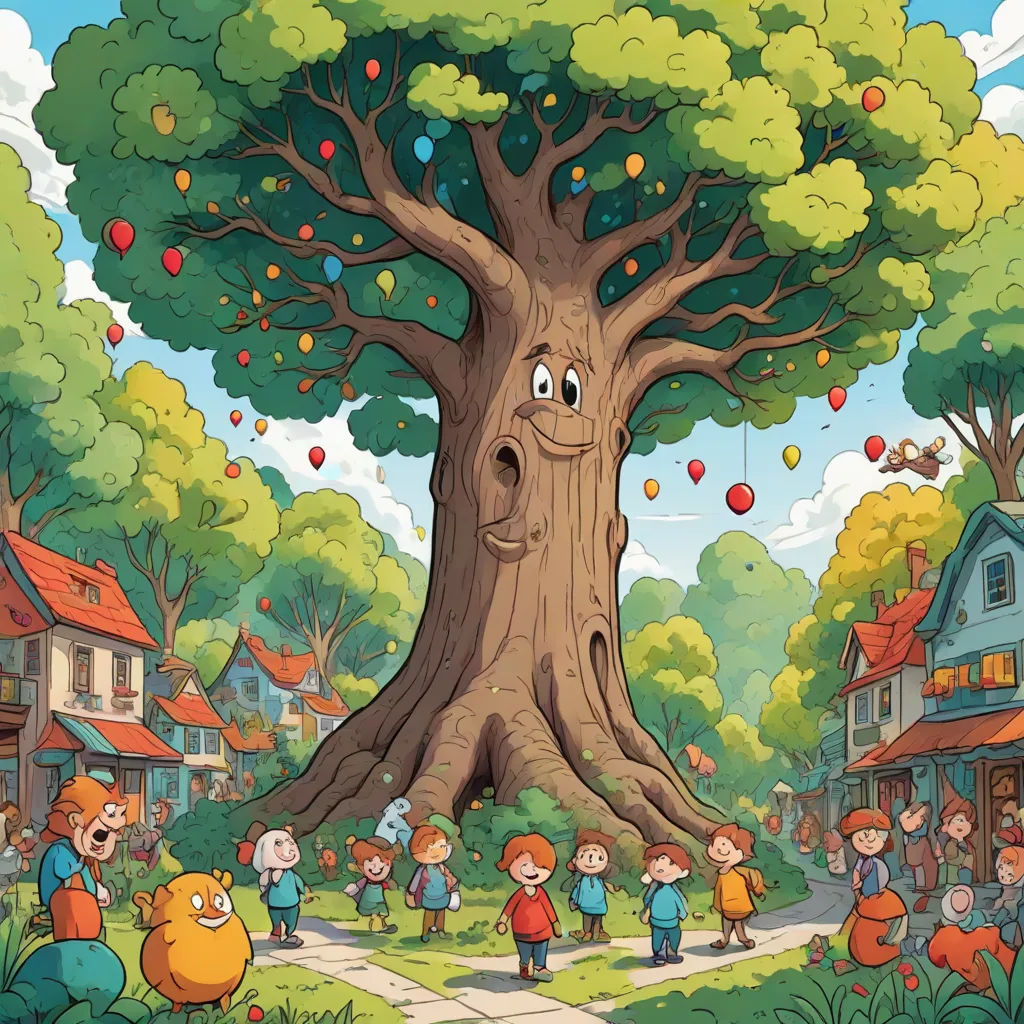 a cartoon tree with many children around it and a large tree with many faces on it, surrounded by small houses and trees, a storybook illustration, Chris LaBrooy, naive art, promotional image