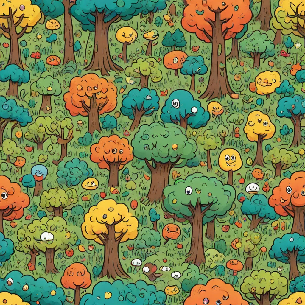a colorful pattern of trees and bushes with faces on them, all in different colors and sizes, with a green background, a storybook illustration, Chris LaBrooy, context art, forest