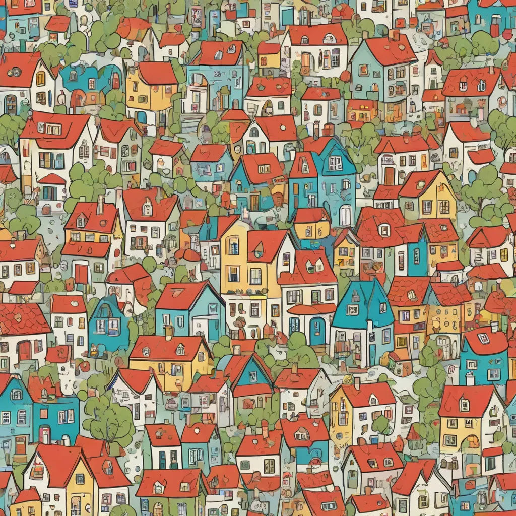 a large group of houses with red roofs and trees on them, all in a pattern, with a blue sky in the background, a storybook illustration, Annabel Kidston, stuckism, detailed illustration