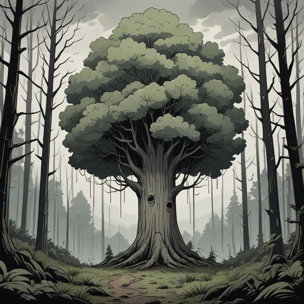 a cartoon of a tree with a hole in the middle of it's trunk and a path leading to it, a woodcut, Dan Mumford, environmental art, promotional image