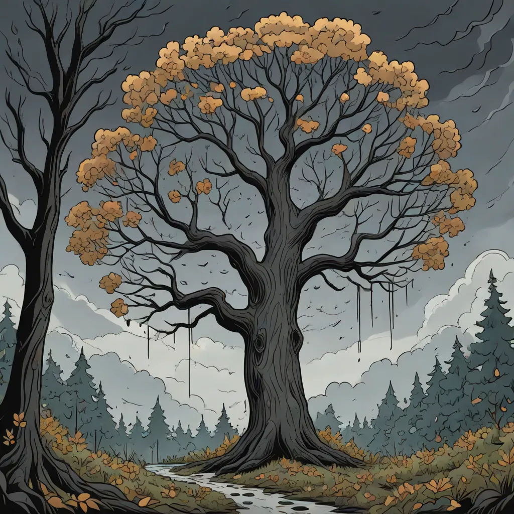 a painting of a tree with a path leading to it and falling leaves on the branches of it, with a cloudy sky in the background, an album cover, Dan Mumford, symbolism, josan gonzales and dan mumford