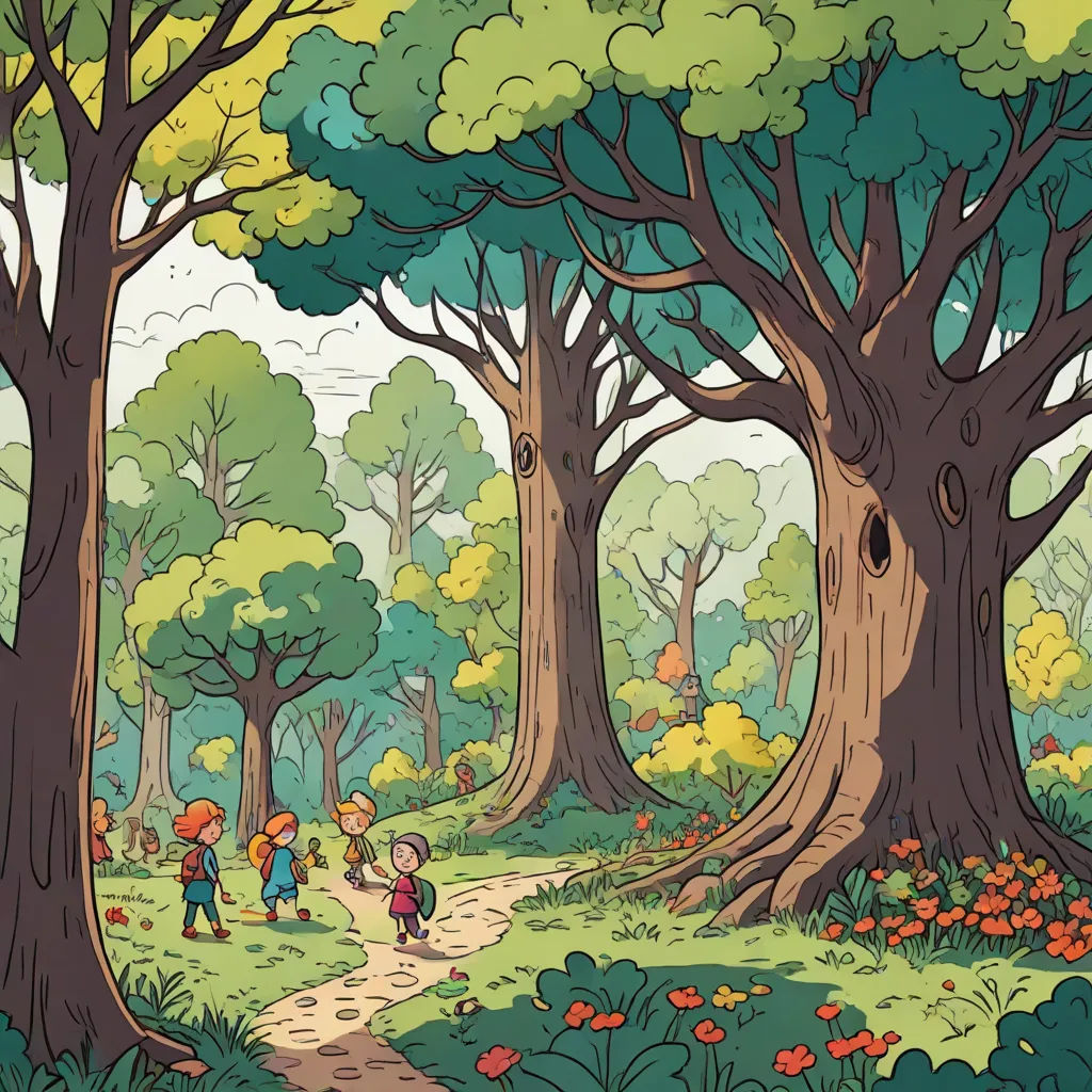 a cartoon of a forest with people walking through it and trees and flowers around the area and a path, a storybook illustration, Asaf Hanuka, environmental art, storybook illustration
