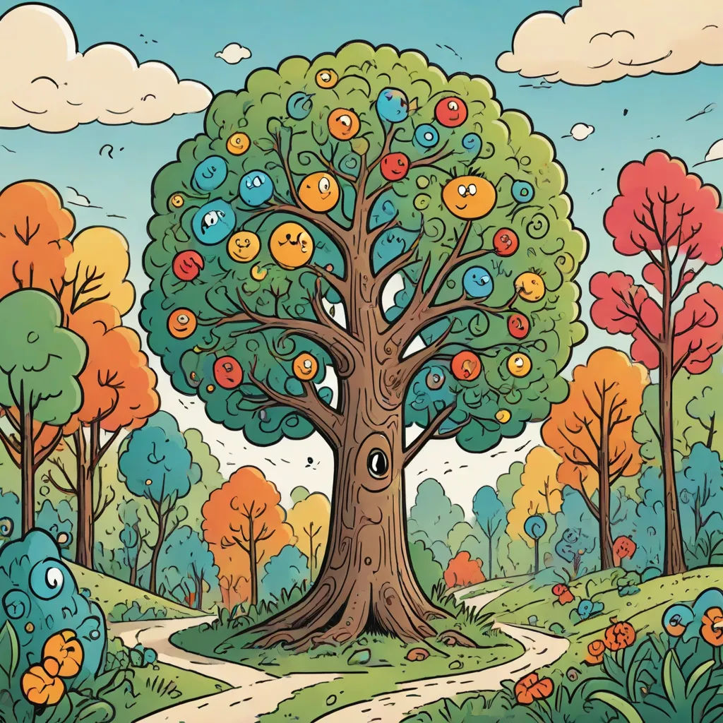 a cartoon tree with many buttons on it's leaves and a path through the trees to a park, a storybook illustration, Chris LaBrooy, context art, josan gonzales and dan mumford
