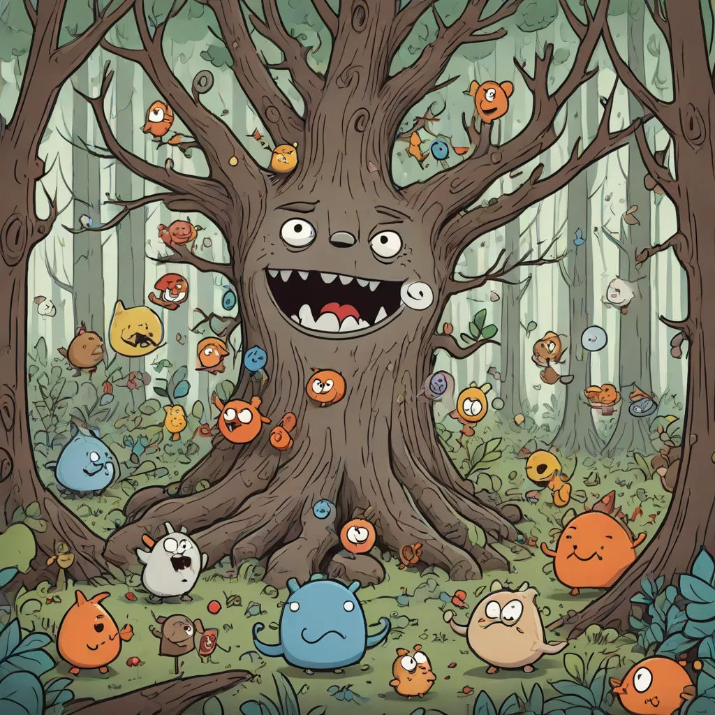 a cartoon tree with many different faces and eyes in the woods with many other creatures around it, all around it, a storybook illustration, Chris LaBrooy, pop surrealism, comic cover art