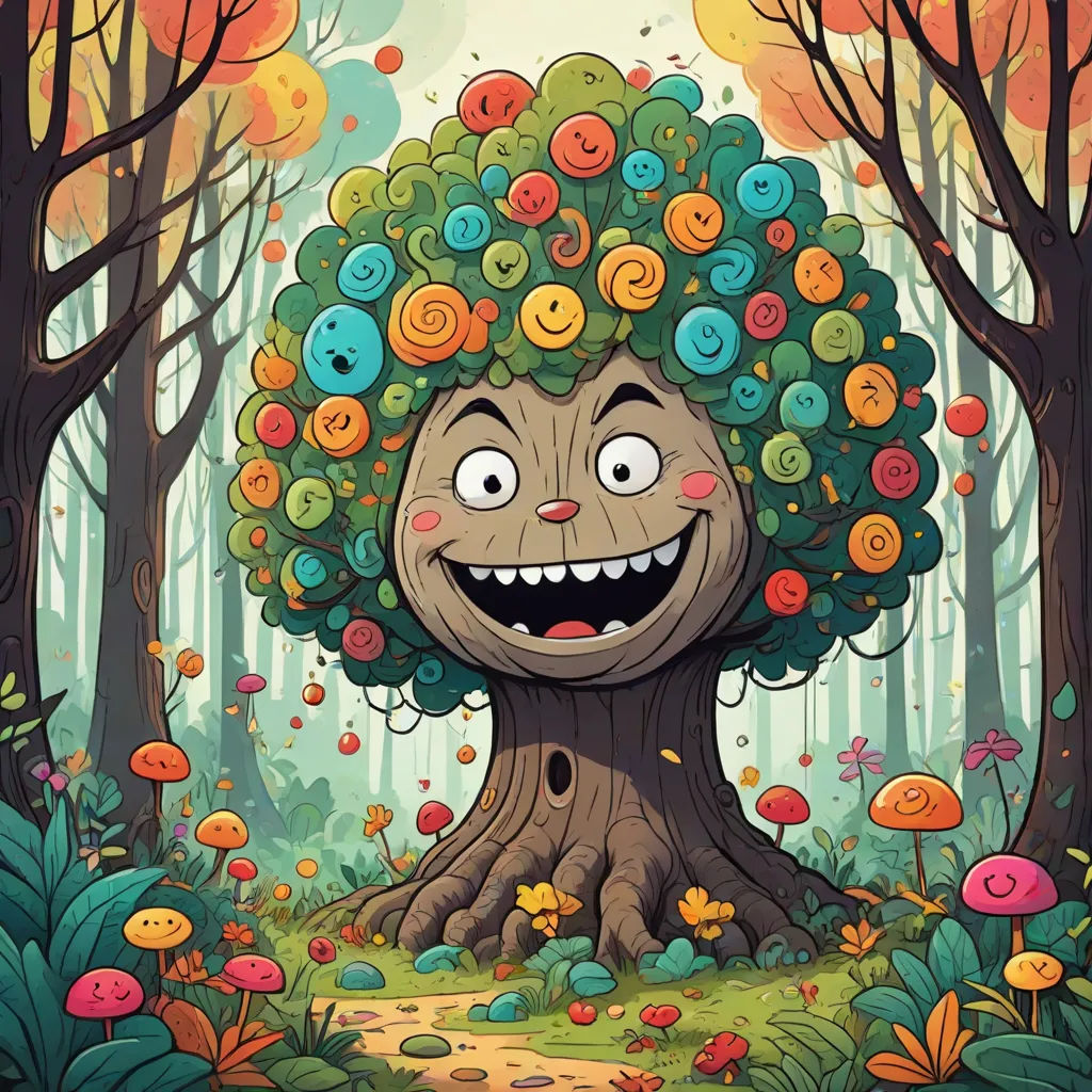 a cartoon tree with a bunch of buttons on it's head and eyes, surrounded by trees and leaves, a storybook illustration, Chris LaBrooy, psychedelic art, storybook illustration