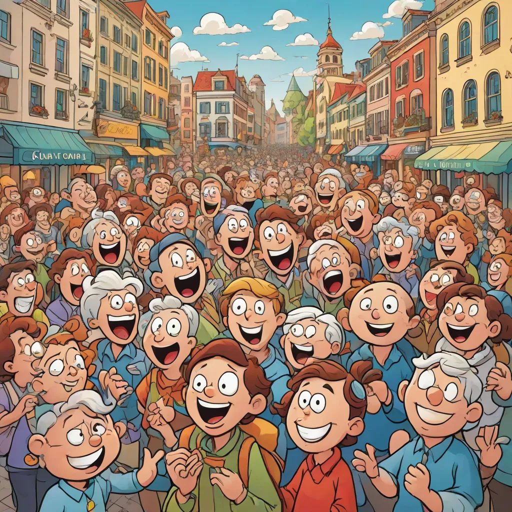a crowd of people standing in front of a building with a cartoon character on it's face and a cartoon character on the front of the image, a comic book panel, Florence Engelbach, les automatistes, comic cover art