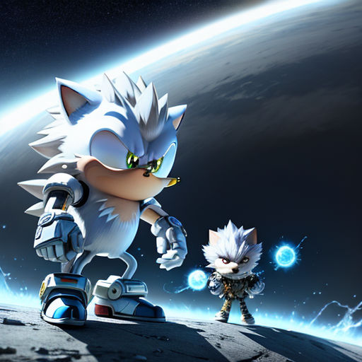 a cartoon character and a cat on a space surface with a planet in the background and a blue light
