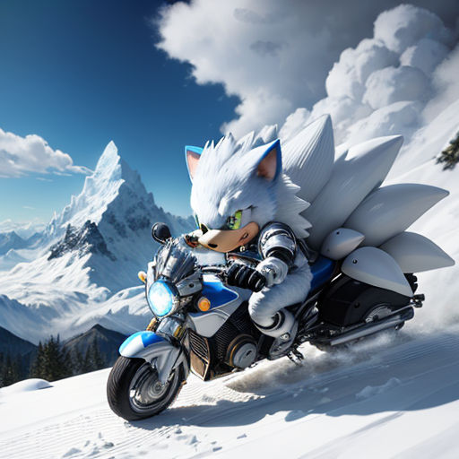 a cartoon character riding a motorcycle on a snowy surface with mountains in the background and clouds in the sky