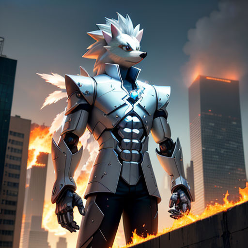 a character in a futuristic suit standing on a ledge with flames in the background of a cityscape