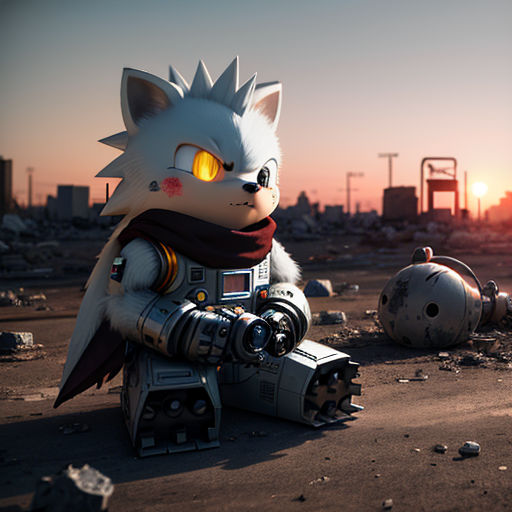 a cat sitting on top of a machine in a desert area with a city in the background at sunset