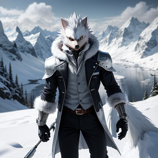 a man in a fur coat and a wolf mask holding a gun in the snow with mountains in the background