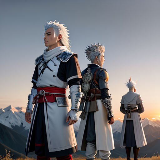 a group of people standing on top of a grass covered hillside next to a mountain range at sunset with the sun setting