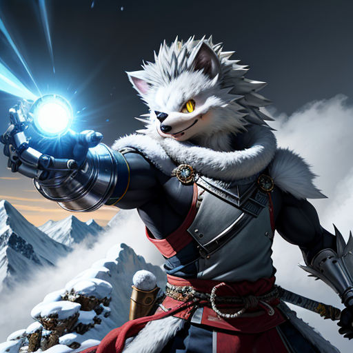 a white cat holding a light saber in his hand and a sky background with clouds and snow covered mountains