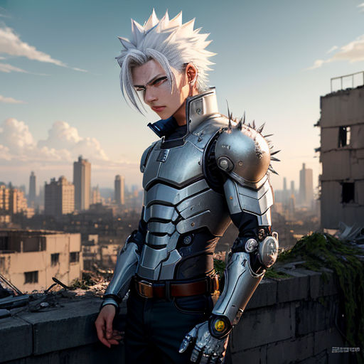 a man in a futuristic suit standing on a roof with a city in the background and a sky background