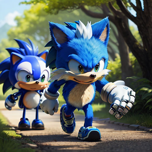 a couple of sonic and tails running down a road together in a cartoon style scene with trees and bushes