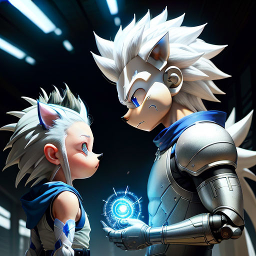 a couple of cartoon characters standing next to each other in a room with lights on and a cat on the side