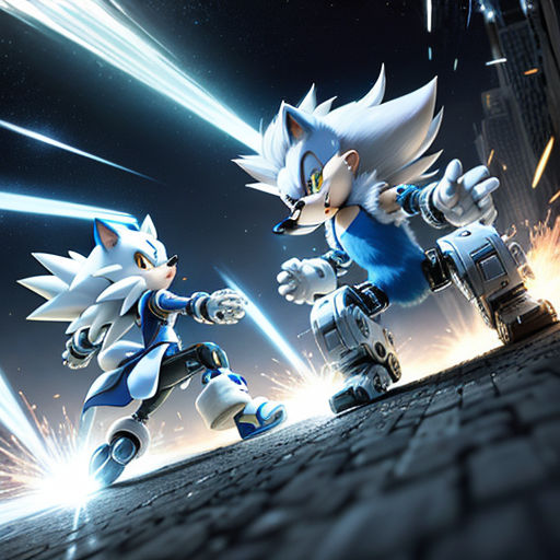 a couple of sonic and tails are in a city street with fireworks in the background and a city skyline
