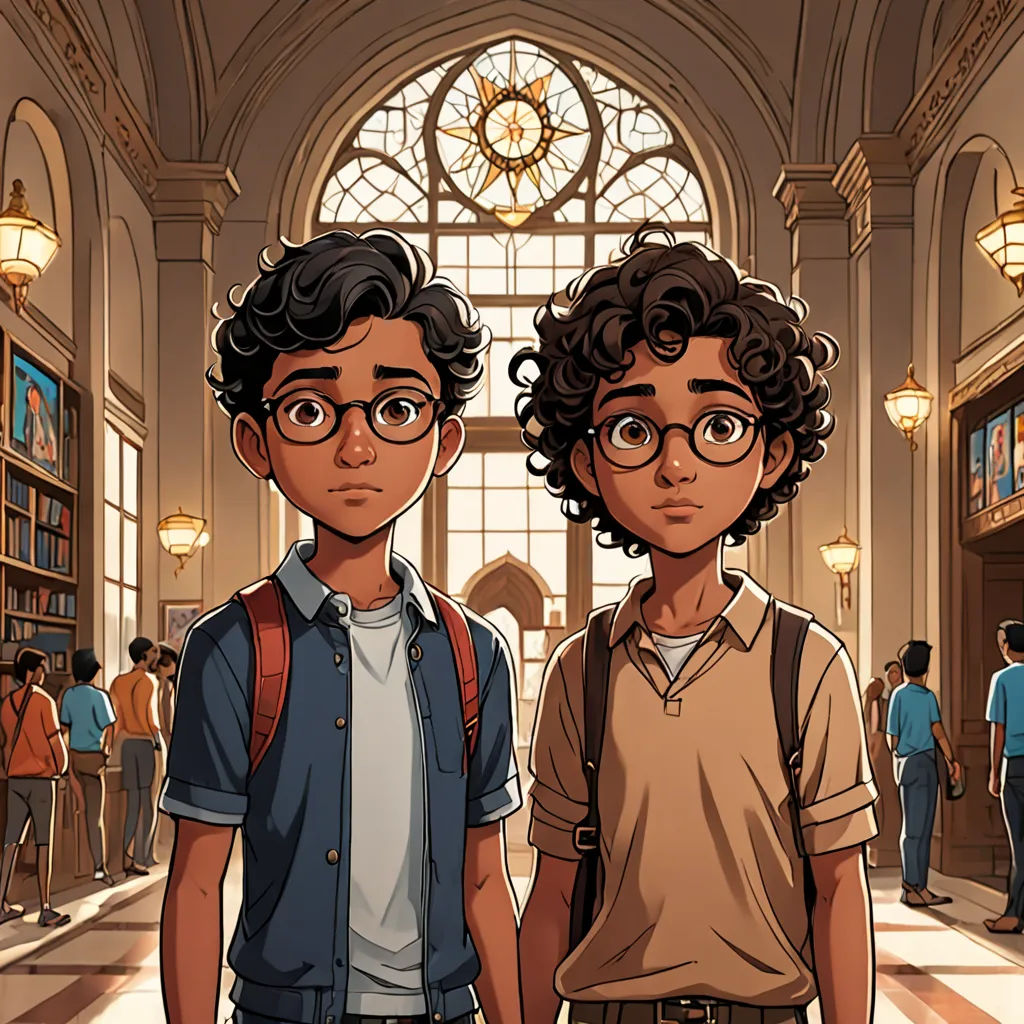 two young men standing in a library with a clock in the background and a stained glass window behind them, serial art, a comic book panel, Brothers Hildebrandt, graphic novel