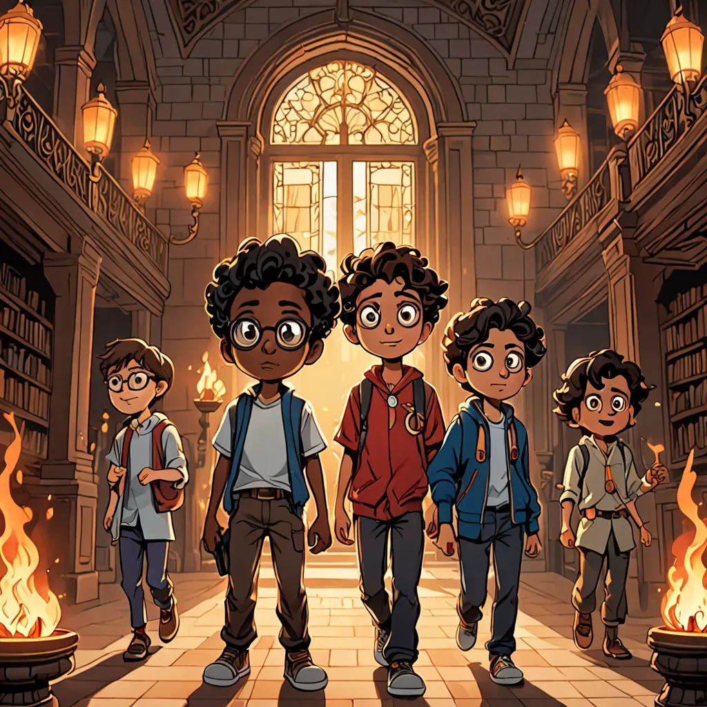 a group of kids standing in a library with a fire in the background and a light on the wall, sots art, poster art, Altichiero, key art
