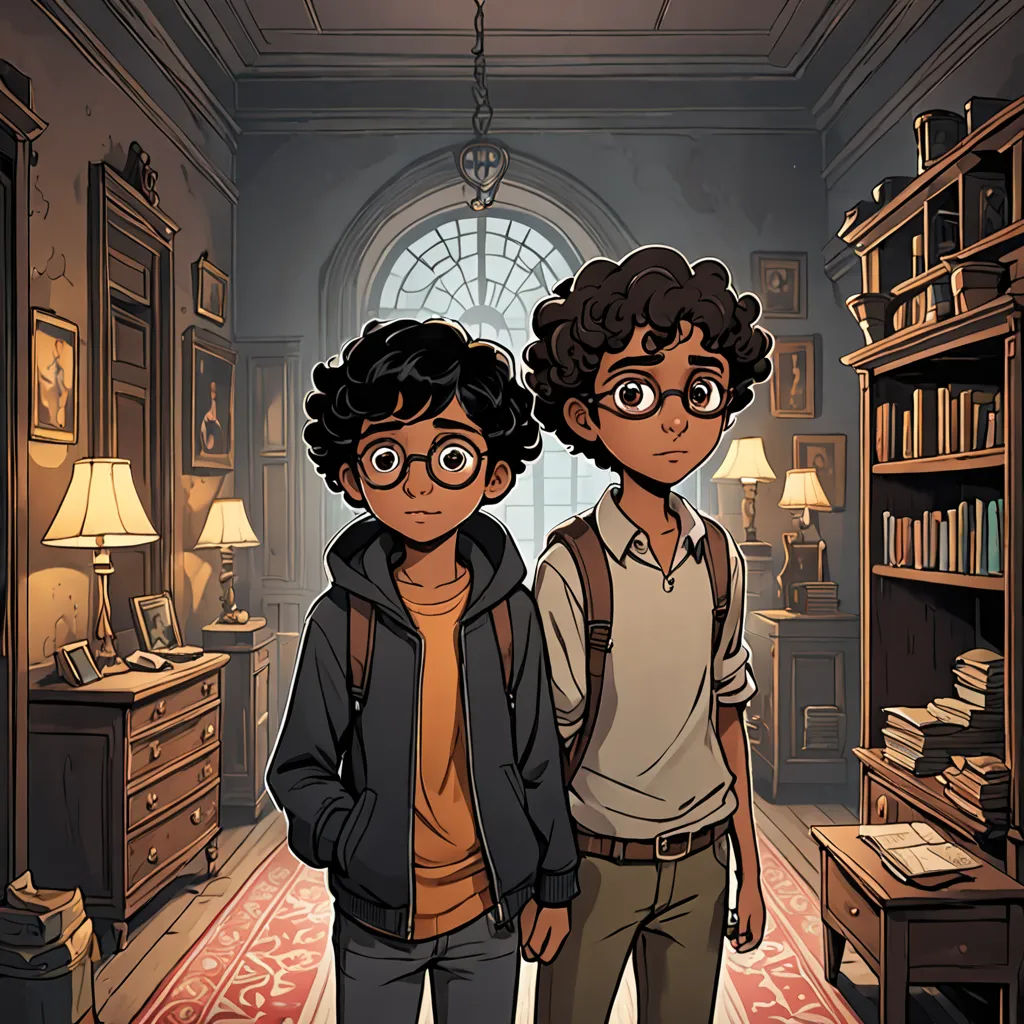 two young men standing in a room with a bookcase and a lamp on the wall behind them,, sots art, concept art, Diego Gisbert Llorens, comic cover art