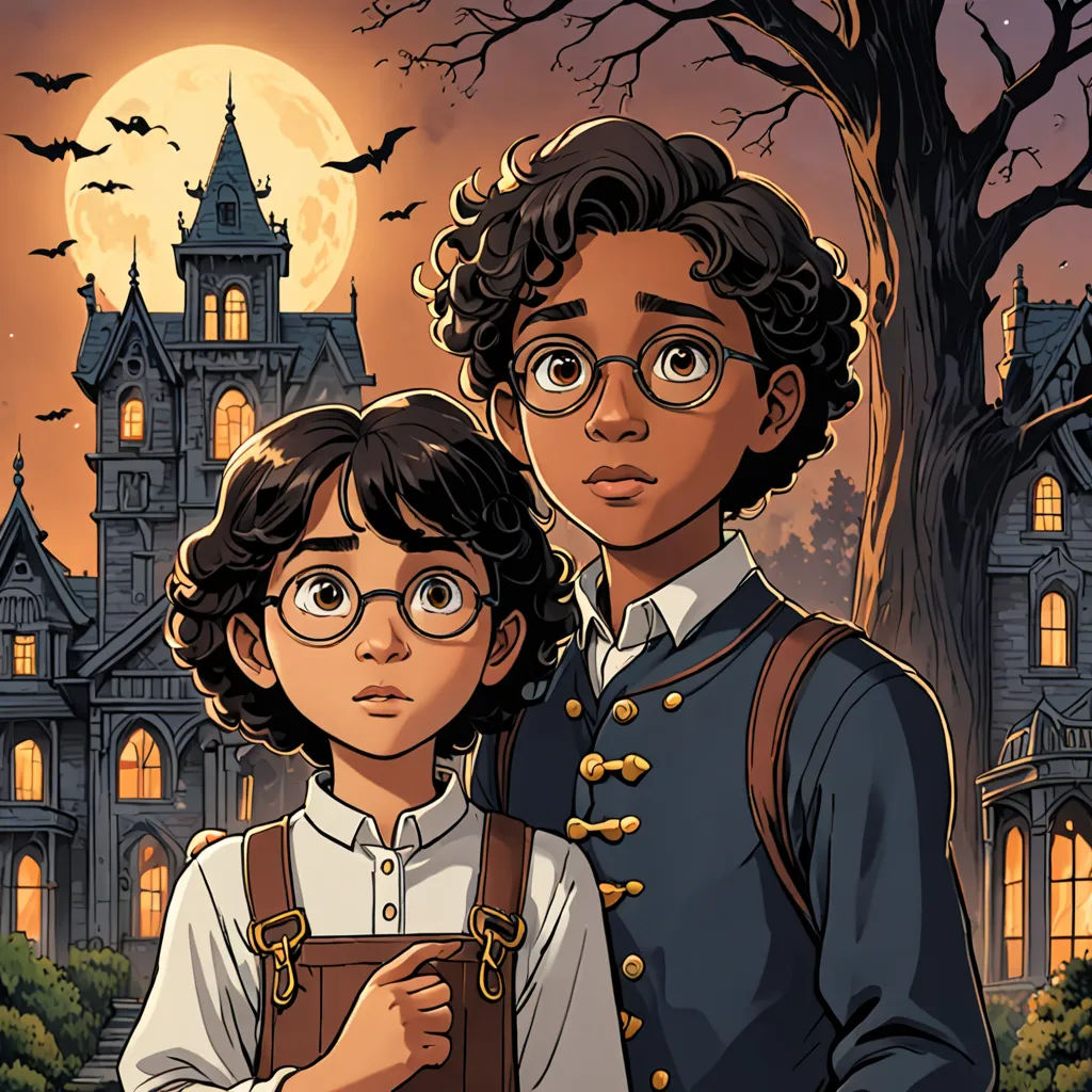 a boy and a girl standing in front of a castle at night with bats flying overhead and a full moon in the background, paris school, poster art, Everett Warner, comic cover art