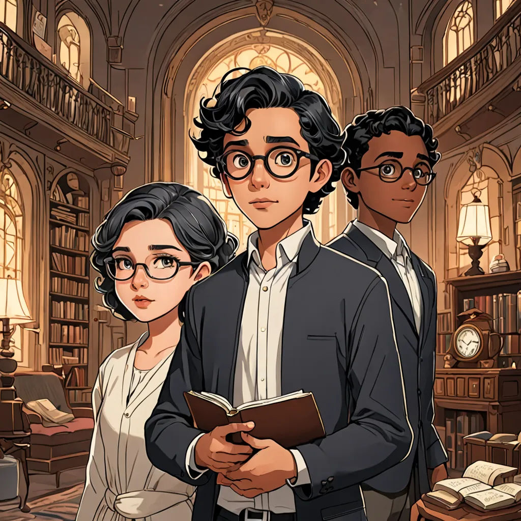 a man and woman standing in a library with books on the shelves and a clock in the background, and a man in a suit and tie, and woman in glasses,, sots art, a character portrait, Cedric Seaut (Keos Masons), official art