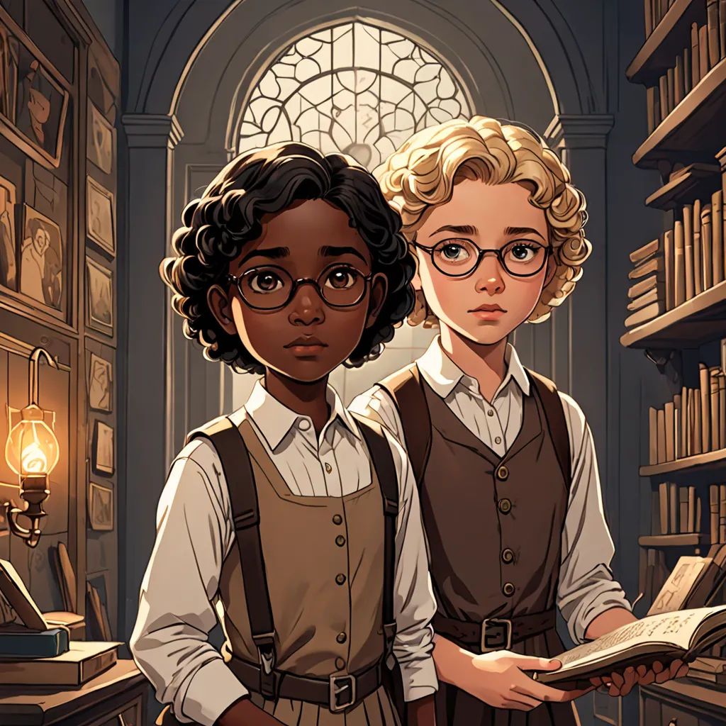 two children standing in a library with books on the shelves and a lamp on the wall behind them,, serial art, a storybook illustration, Cedric Seaut (Keos Masons), official art