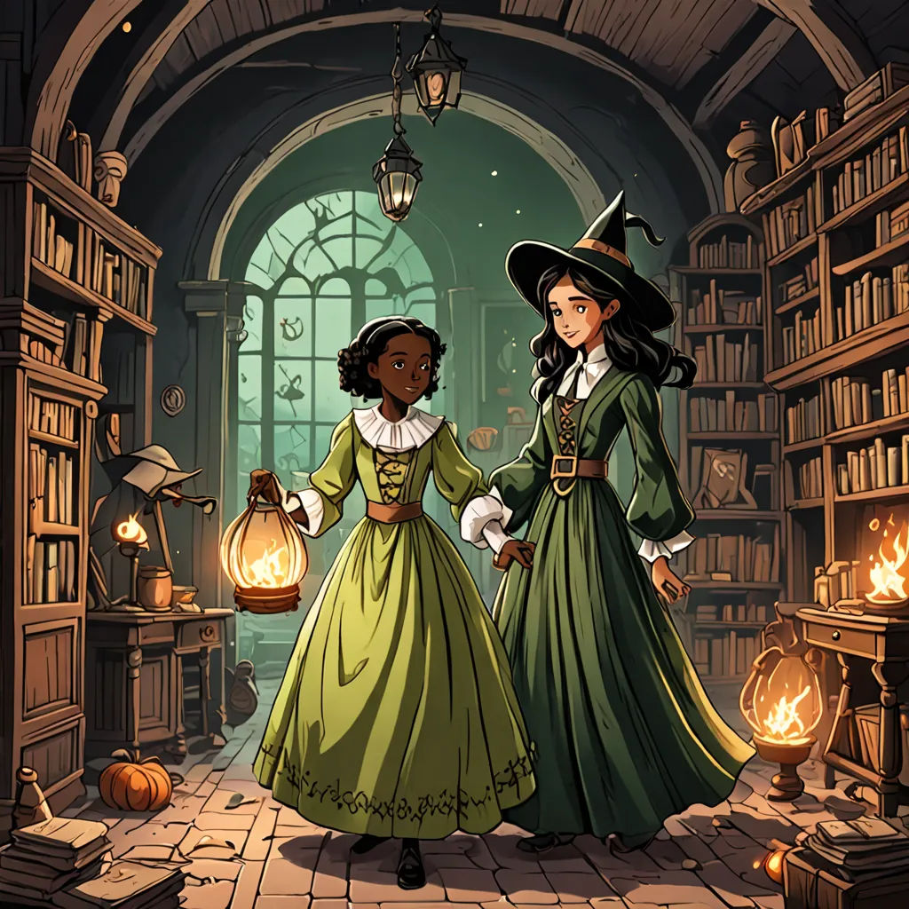 a couple of women standing next to each other in a library filled with books and a lamp on a table, fantasy art, a storybook illustration, Colin Middleton, official art