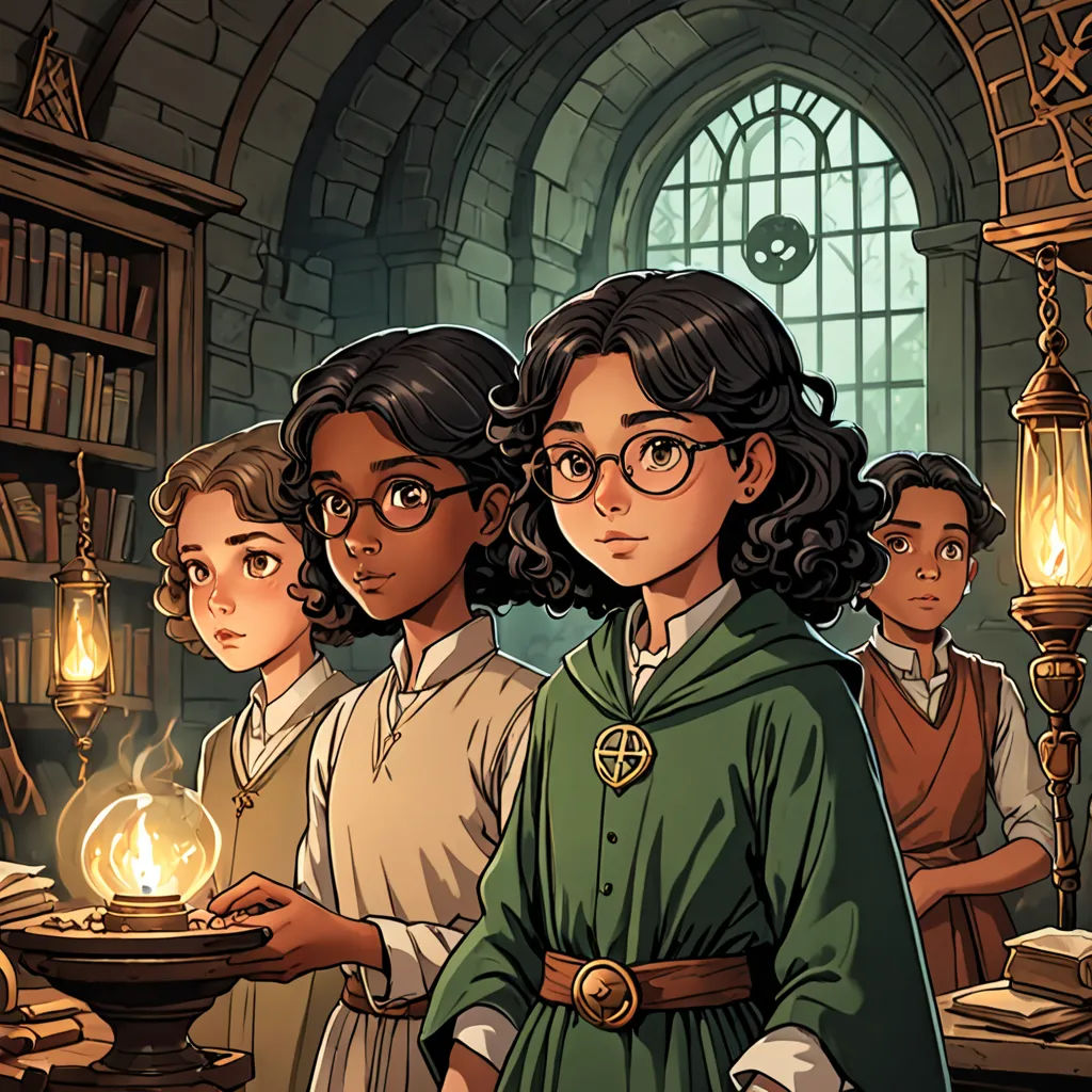 a group of people standing in a room with a candle in their hand and a bookcase in the background, fantasy art, a character portrait, Diego Gisbert Llorens, key art
