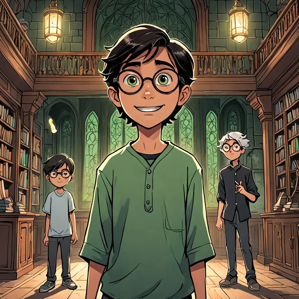 a cartoon of a boy with glasses standing in a library with two other boys standing in the background and a bookcase, sots art, a comic book panel, Diego Gisbert Llorens, official art