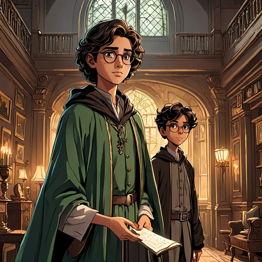 a man in a green robe and a man in a black robe stand in a library with a book, sots art, a comic book panel, Brothers Hildebrandt, official art