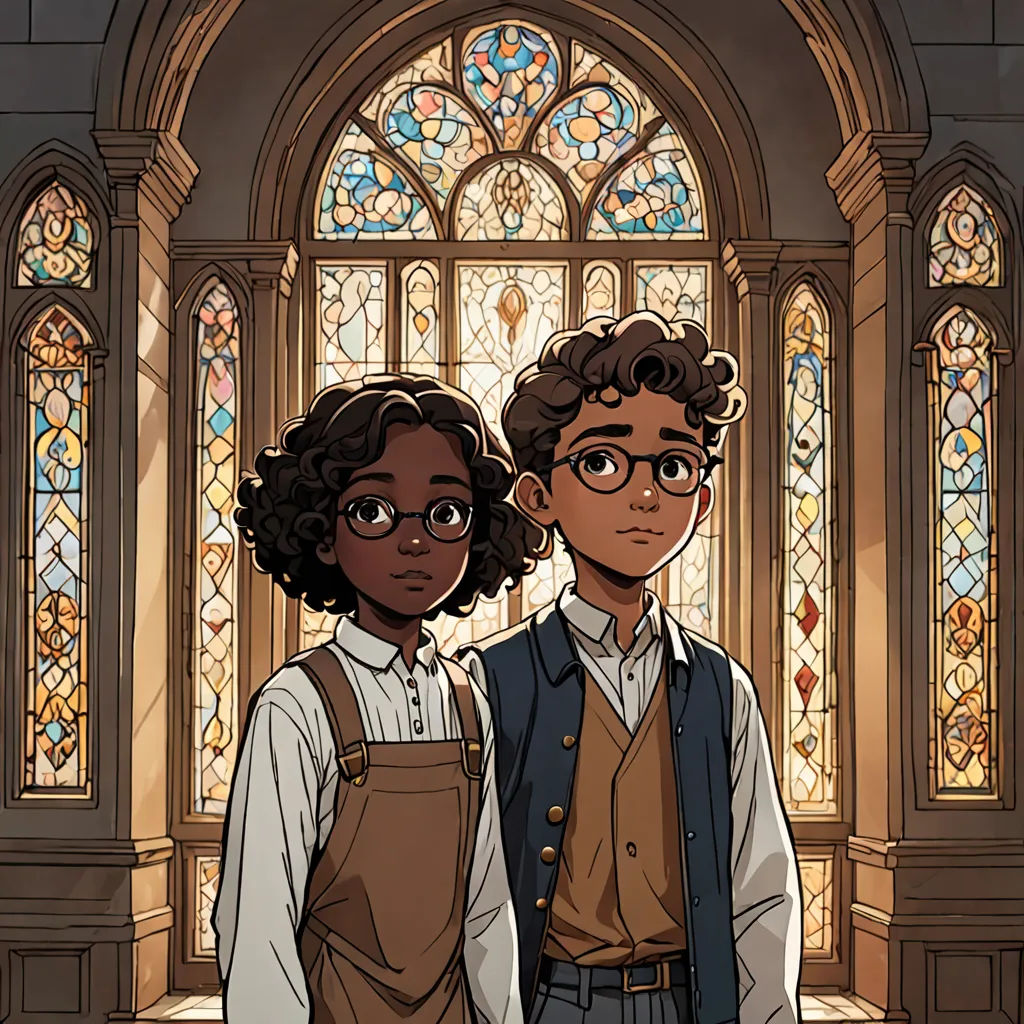 a couple of people standing in front of a stained glass window in a building with stained glass windows behind them, paris school, a comic book panel, Cedric Seaut (Keos Masons), comic cover art