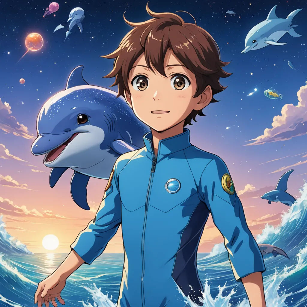 a boy in a blue suit standing next to a dolphin in the ocean with a starfish in his hand, rayonism, a character portrait, Adam Manyoki, official art