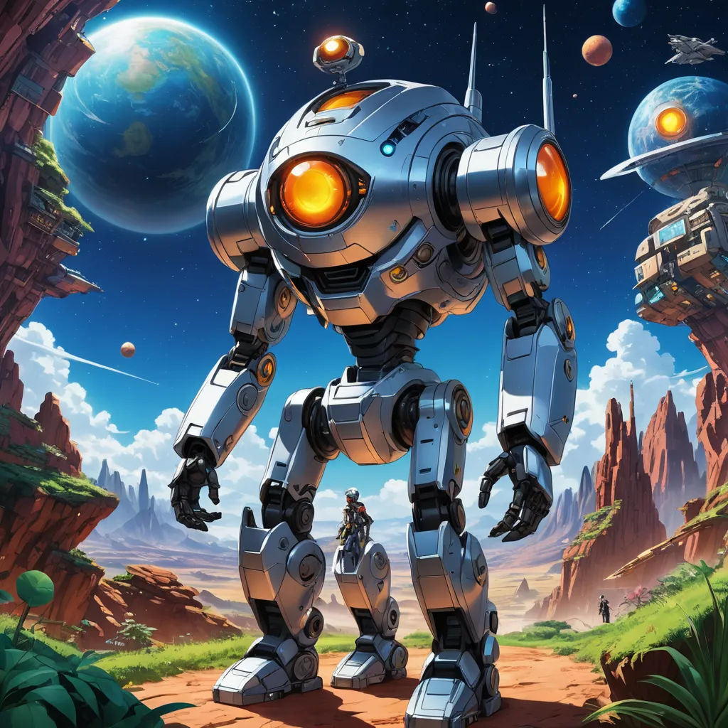 a robot standing in front of a planet with a sky background and a sky background with planets and stars, sots art, concept art, Adam Rex, game art