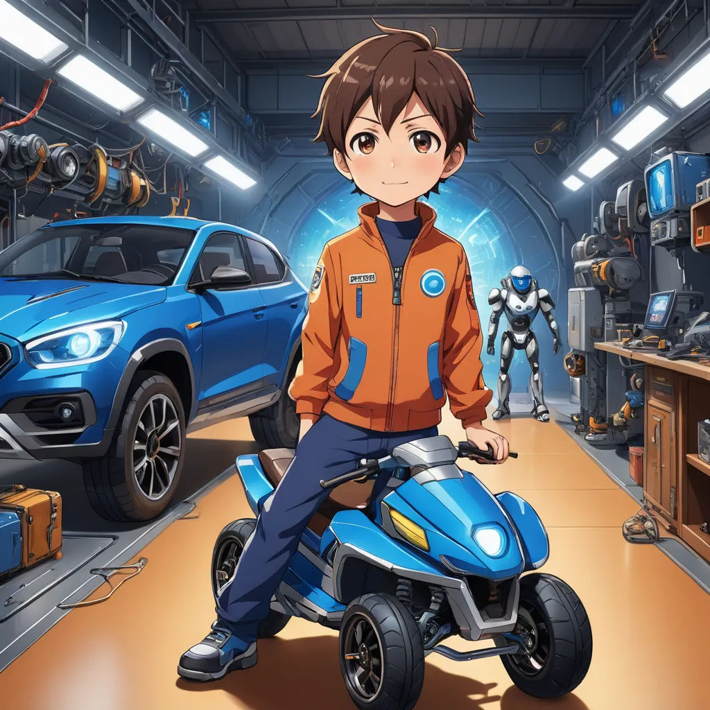 a man sitting on a toy car in a garage with a robot in the background and a car in the foreground, rayonism, concept art, Ai-Mitsu, official art