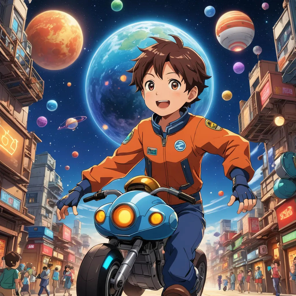 a boy riding a motorcycle in a city with planets in the background and a person on the back of it, space art, poster art, Ai-Mitsu, anime key visual