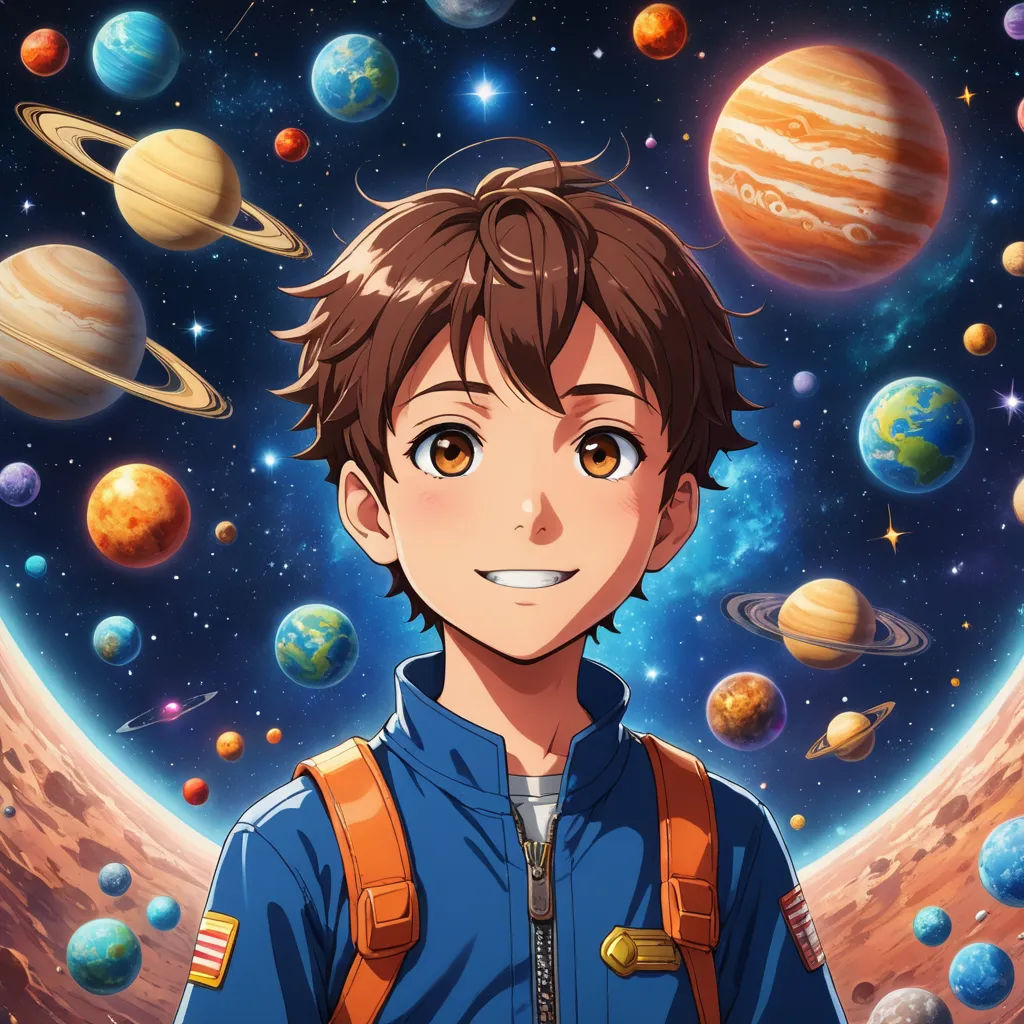 a boy in a space suit standing in front of planets and a star filled sky with a smiling face, space art, poster art, Adam Manyoki, anime key visual