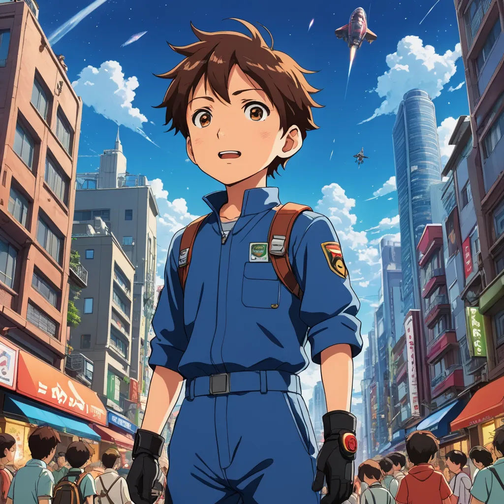 a man in a blue uniform standing in front of a crowd of people in a city with buildings and a plane, space art, concept art, Adam Manyoki, anime key visual