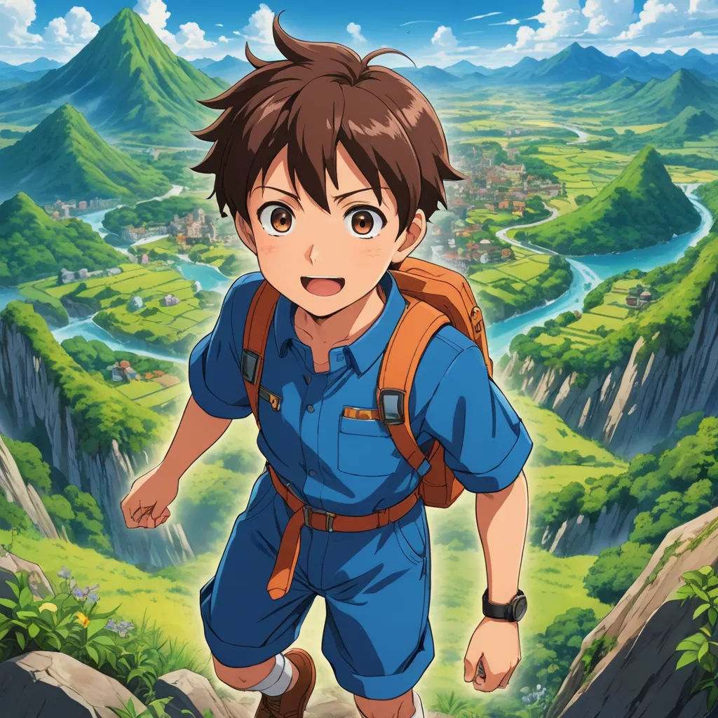 a boy in a blue jumpsuit is walking through a mountain valley with a village in the background and a river running through the valley, sots art, a character portrait, Eizan Kikukawa, anime key visual