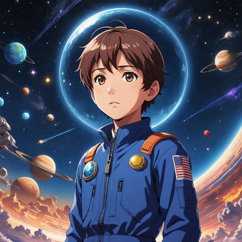 a man in a space suit standing in front of a planet with a sky background and stars and planets, space art, poster art, Eizan Kikukawa, anime key visual