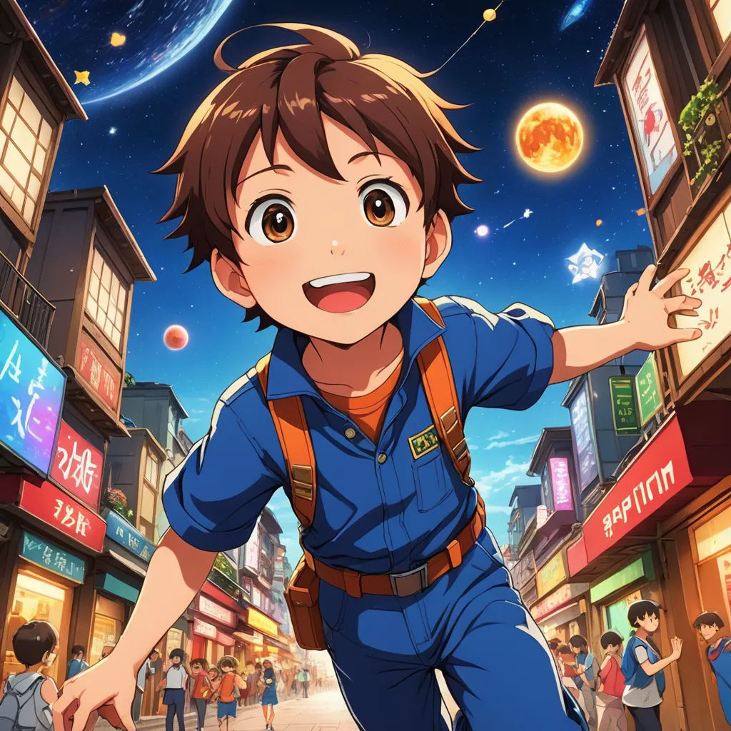 a boy in a blue uniform is standing in the street with his arms out and his hands out in the air, space art, concept art, Adam Manyoki, official art