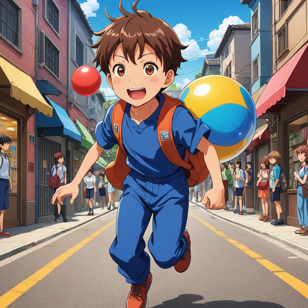 a boy running down a street holding a ball and a backpack on his back and a bunch of people standing around him, sots art, concept art, Adam Manyoki, anime key visual