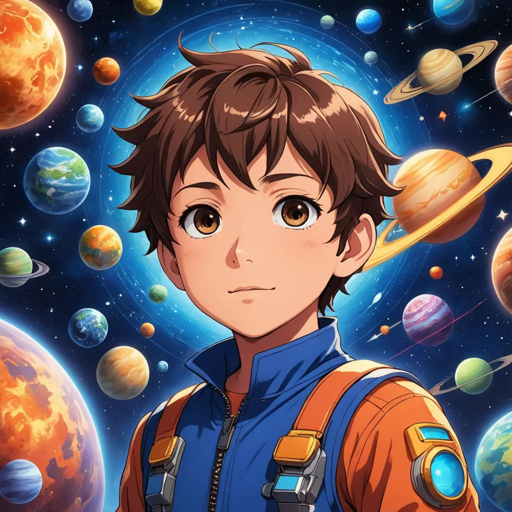 a boy in a space suit standing in front of planets and stars with a blue sky background and a red and yellow backpack, space art, a character portrait, Adam Manyoki, anime key visual