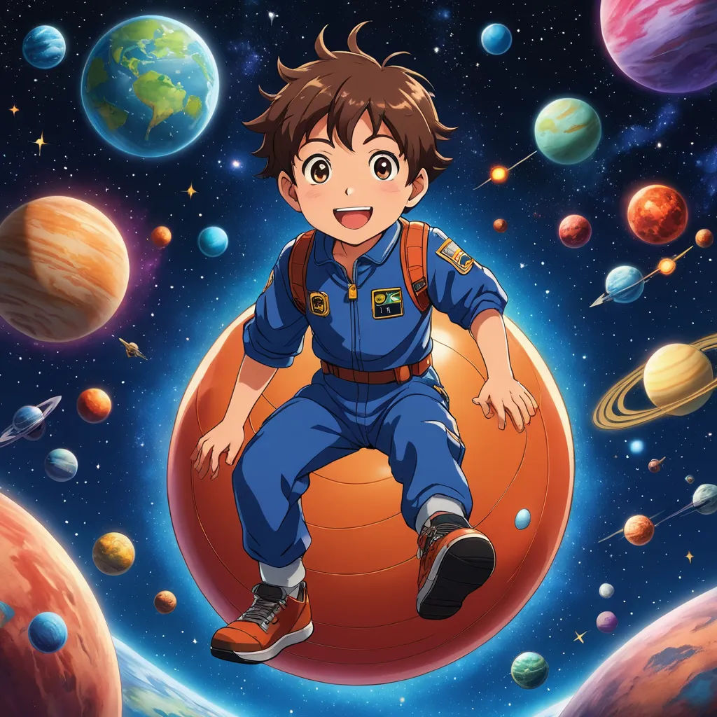 a boy in a space suit is flying over planets and planets in the sky with a rocket in the background, space art, poster art, Eizan Kikukawa, official art