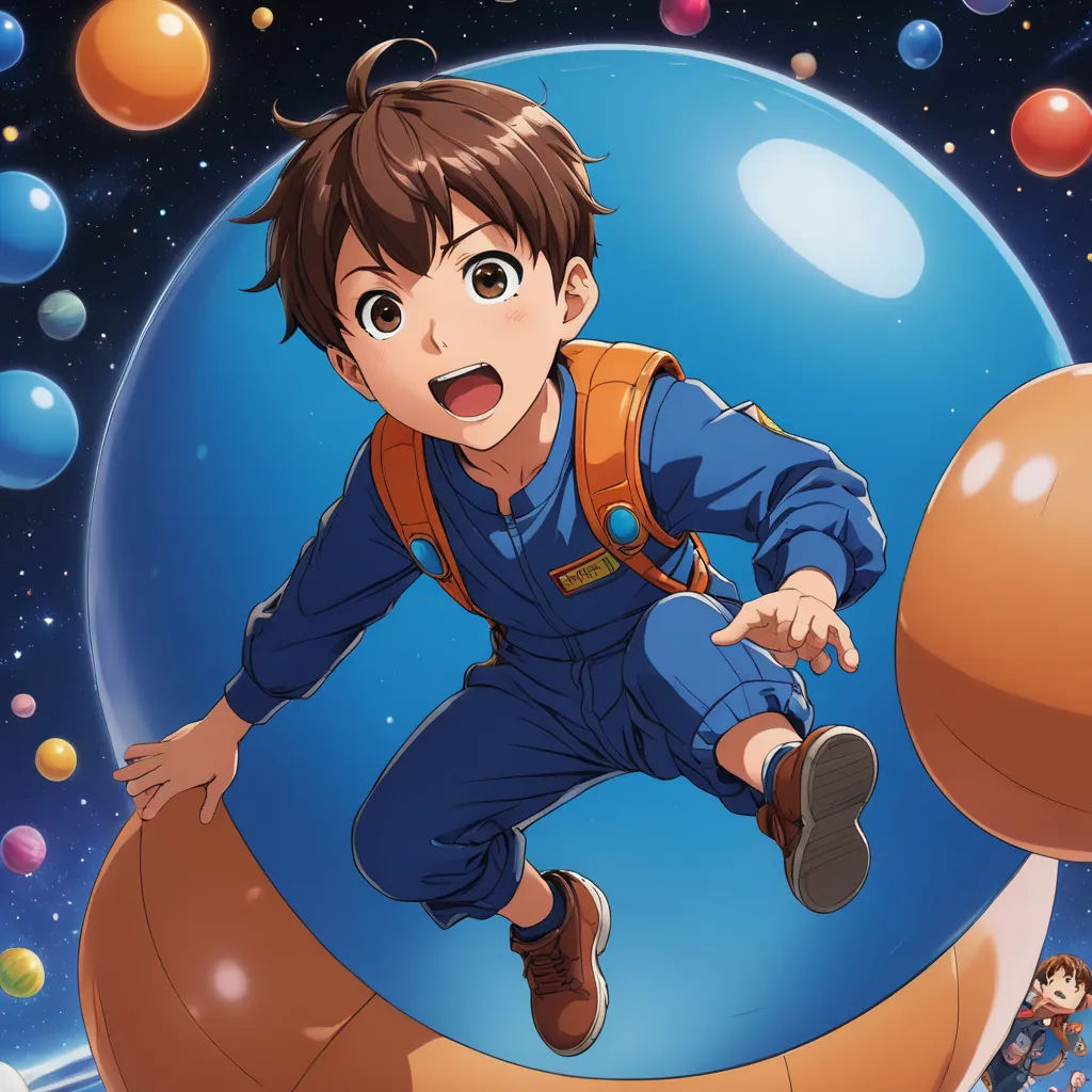 a boy in a space suit is flying through the air on a floating object with a bunch of balls around him, space art, concept art, Adam Manyoki, official art