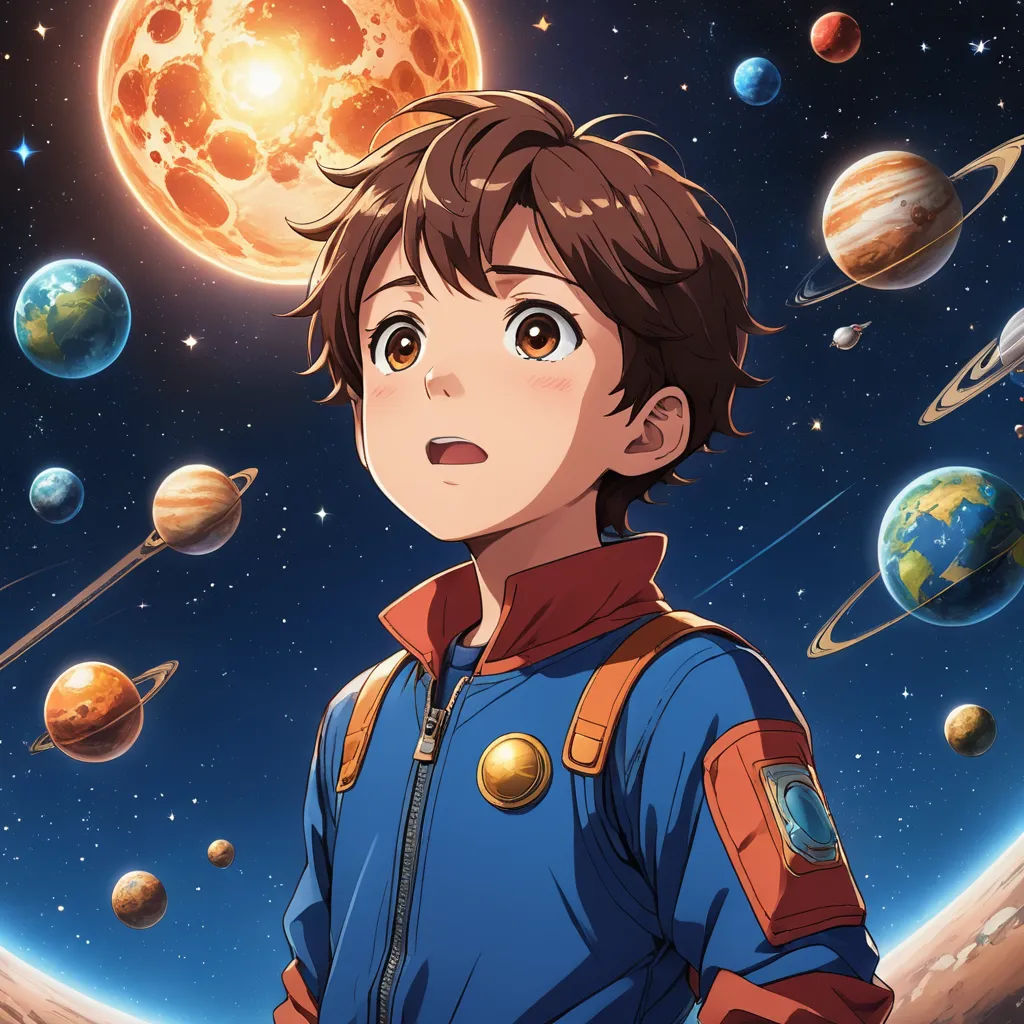 a boy in a space suit standing in front of planets and a sun in the background with a red star, space art, poster art, Eizan Kikukawa, anime key visual