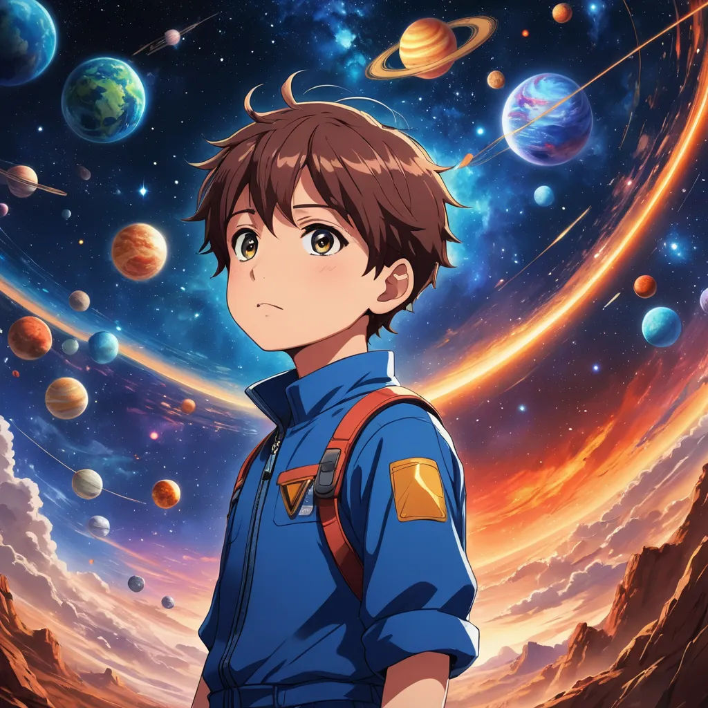 a boy in a space suit looking at planets in the sky with a backpack on his shoulder and a backpack on his shoulder, space art, poster art, Ai-Mitsu, anime key visual